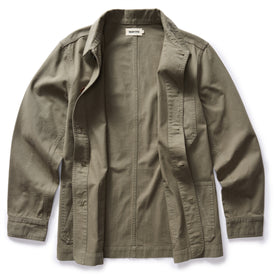 flatlay of the The Ojai Jacket in Organic Smoked Olive Foundation Twill open, Outerwear by Taylor Stitch