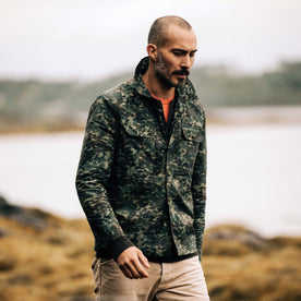 fit model walking in The Venture Jacket in Painted Camo Waxed Canvas, Outerwear by Taylor Stitch