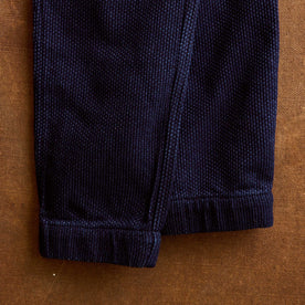 editorial image of the bottom cuffs on The Apres Pant in Rinsed Indigo Sashiko, Bottoms by Taylor Stitch