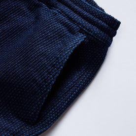 material shot of the pockets on The Apres Pant in Rinsed Indigo Sashiko, Bottoms by Taylor Stitch