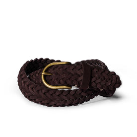 editorial image of The Braided Belt in Chocolate Suede rolled up, Accessories by Taylor Stitch