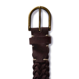 editorial image of the buckle and leather detail on The Braided Belt in Chocolate Suede, Accessories by Taylor Stitch