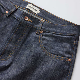 material shot of the waistband on The Democratic Jean in Rigid Organic Selvedge, Bottoms by Taylor Stitch