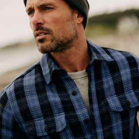 fit model showing off the collar on The Division Shirt in Rinsed Indigo Plaid, Wovens by Taylor Stitch