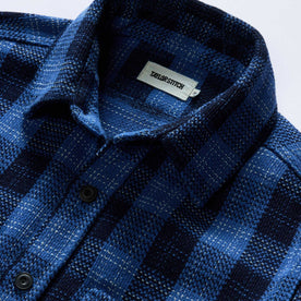 material shot of the collar on The Division Shirt in Rinsed Indigo Plaid, Wovens by Taylor Stitch