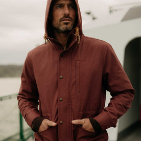 fit model with his hands in The Explorer Jacket in Red Wine Dry Wax, Outerwear by Taylor Stitch