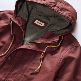 material shot of the hood on The Explorer Jacket in Red Wine Dry Wax, Outerwear by Taylor Stitch