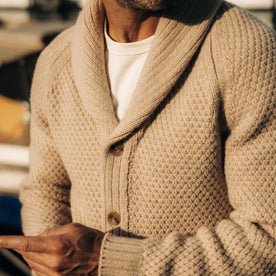 fit model showing off the collar on The Fisherman Shawl Cardigan in Heather Oat Merino, Knits by Taylor Stitch