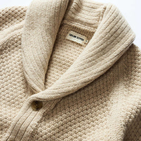 material shot of the collar on The Fisherman Shawl Cardigan in Heather Oat Merino, Knits by Taylor Stitch