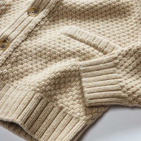 material shot of the cuffs on The Fisherman Shawl Cardigan in Heather Oat Merino, Knits by Taylor Stitch