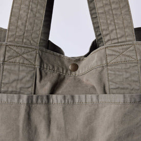 editorial image of the button snap on The Foundation Tote in Organic Smoked Olive, Accessories by Taylor Stitch