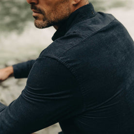 fit model showing off the back of The Jack in Heather Marine Pincord, Wovens by Taylor Stitch