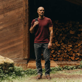 fit model posing in The Organic Cotton Short Sleeve Crew in Burgundy Waffle, Knits by Taylor Stitch