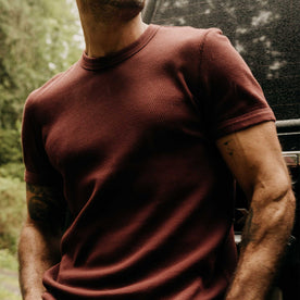 fit model showing off The Organic Cotton Short Sleeve Crew in Burgundy Waffle, Knits by Taylor Stitch