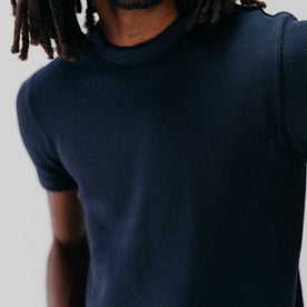 fit model showing off the waffle detail on The Organic Cotton Short Sleeve Crew in Dark Navy Waffle, Knits by Taylor Stitch