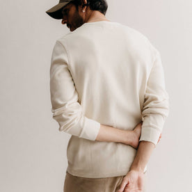 fit model showing the back of The Organic Cotton Waffle Crew in Vintage White, Knits by Taylor Stitch