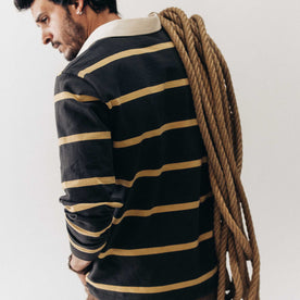 fit model showing off the back of The Rugby Shirt in Faded Black Stripe, Knits by Taylor Stitch