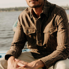 fit model posing in The Saddler Shirt in Bark Print Broken Twill, Wovens by Taylor Stitch