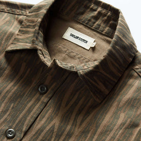 material shot of the collar on The Saddler Shirt in Bark Print Broken Twill, Wovens by Taylor Stitch