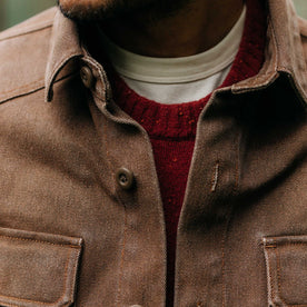 fit model showing off the collar on The Shop Shirt in Aged Penny Chipped Canvas, Wovens by Taylor Stitch