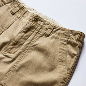 material shot of the waistband on The Surplus Pant in Khaki Reverse Sateen, Bottoms by Taylor Stitch