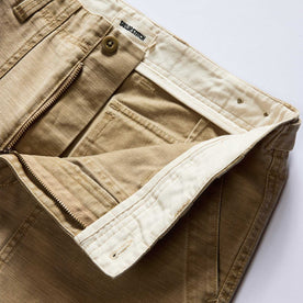 material shot of the zipper on The Surplus Pant in Khaki Reverse Sateen, Bottoms by Taylor Stitch