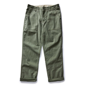 flatlay of The Surplus Pant in Field Olive Reverse Sateen, Bottoms by Taylor Stitch