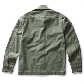 flatlay of the back of The Surplus Shirt in Field Olive Reverse Sateen, Wovens by Taylor Stitch