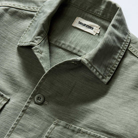 material shot of the collar on The Surplus Shirt in Field Olive Reverse Sateen, Wovens by Taylor Stitch