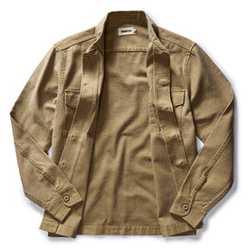 flatlay of The Surplus Shirt in Khaki Reverse Sateen open, Wovens by Taylor Stitch