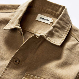 material shot of the collar on The Surplus Shirt in Khaki Reverse Sateen, Wovens by Taylor Stitch