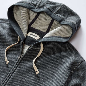 material shot of the hoodie on The Apres Zip Hoodie in Graphite French Terry Twill, Knits by Taylor Stitch