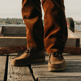 fit model showing off bottom hem on The Carnegie Pant in Bourbon Corduroy, Bottoms by Taylor Stitch