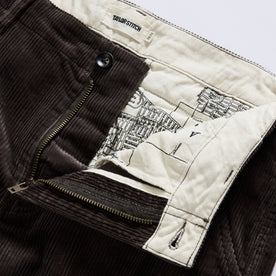 material shot of the zipper on The Carnegie Pant in Soil Corduroy, Bottoms by Taylor Stitch