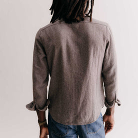 fit model showing off the back of The Ledge Shirt in Granite Linen Tweed, Wovens by Taylor Stitch