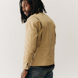 fit model showing off the back of The Pathfinder Jacket in Khaki Dry Wax, Outerwear by Taylor Stitch