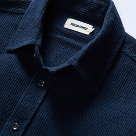 material shot of the collar on The Utility Shirt in Navy Sashiko, Wovens by Taylor Stitch