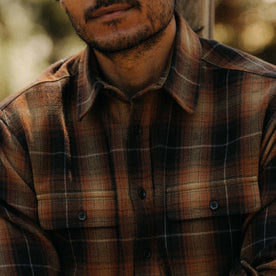 fit model showing off the collar on The Yosemite Shirt in Bonfire Plaid, Wovens by Taylor Stitch