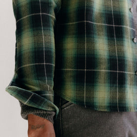 fit model showing off the cuffs on The Yosemite Shirt in Twilight Plaid, Wovens by Taylor Stitch