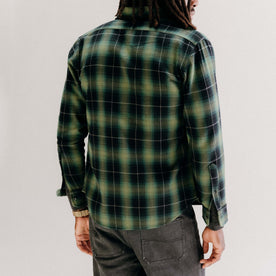 fit model showing off the back of The Yosemite Shirt in Twilight Plaid, Wovens by Taylor Stitch