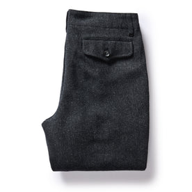 flatlay of The Carnegie Pant in Charcoal Heather Wool, folded from the back, Bottoms by Taylor Stitch