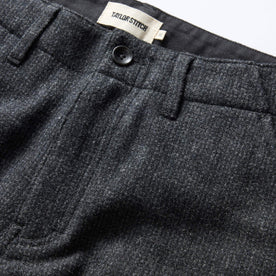 material shot of the button fly on The Carnegie Pant in Charcoal Heather Wool, Bottoms by Taylor Stitch