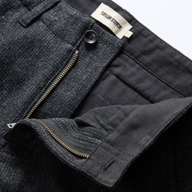 material shot of the zipper fly on The Carnegie Pant in Charcoal Heather Wool, Bottoms by Taylor Stitch