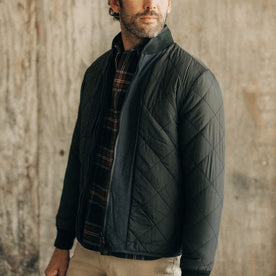 fit model wearing the reverse side of The Carson Jacket in Dark Navy Fleece, Outerwear by Taylor Stitch