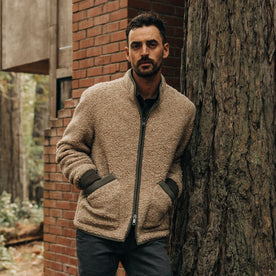 fit model in The Carson Jacket in Light Khaki Fleece, Outerwear by Taylor Stitch