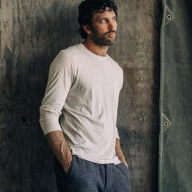 fit model in The Cotton Hemp Long Sleeve Tee in Heathered Oat, Knits by Taylor Stitch