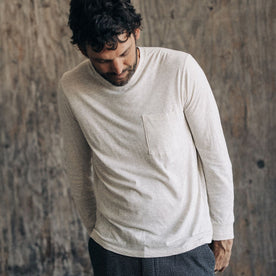 fit model showing the front of The Cotton Hemp Long Sleeve Tee in Heathered Oat, Knits by Taylor Stitch