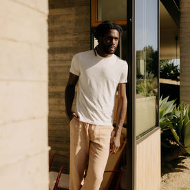 fit model in The Cotton Hemp Tee in Heathered Oat, Knits by Taylor Stitch