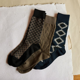 The Crew Sock in Coal Jacquard, Navy Kilim and Raindrop Camo, Accessories by Taylor Stitch