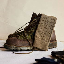 The Crew Sock in Rain Drop Camo on a boot, Accessories by Taylor Stitch